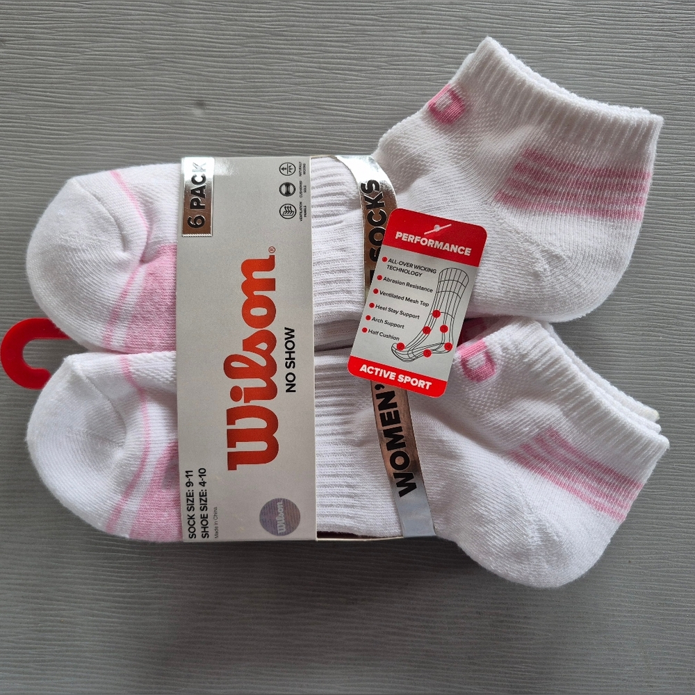 Wilson Women's No-Show Socks - White with Pink Stripes 5 Pack - Picture 1 of 2